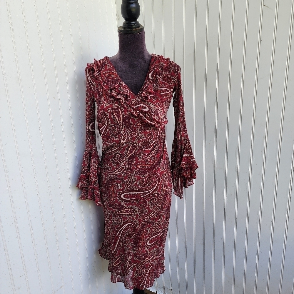 Express Red Paisley 100% silk Ruffle neck Flounch Sleeves Cinch Waist Dress 1/ 2